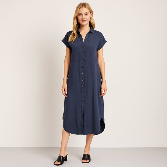 NWT Blue Button-Down Midi Gauze Collared Short Sleeve Dress - Picture 1 of 7